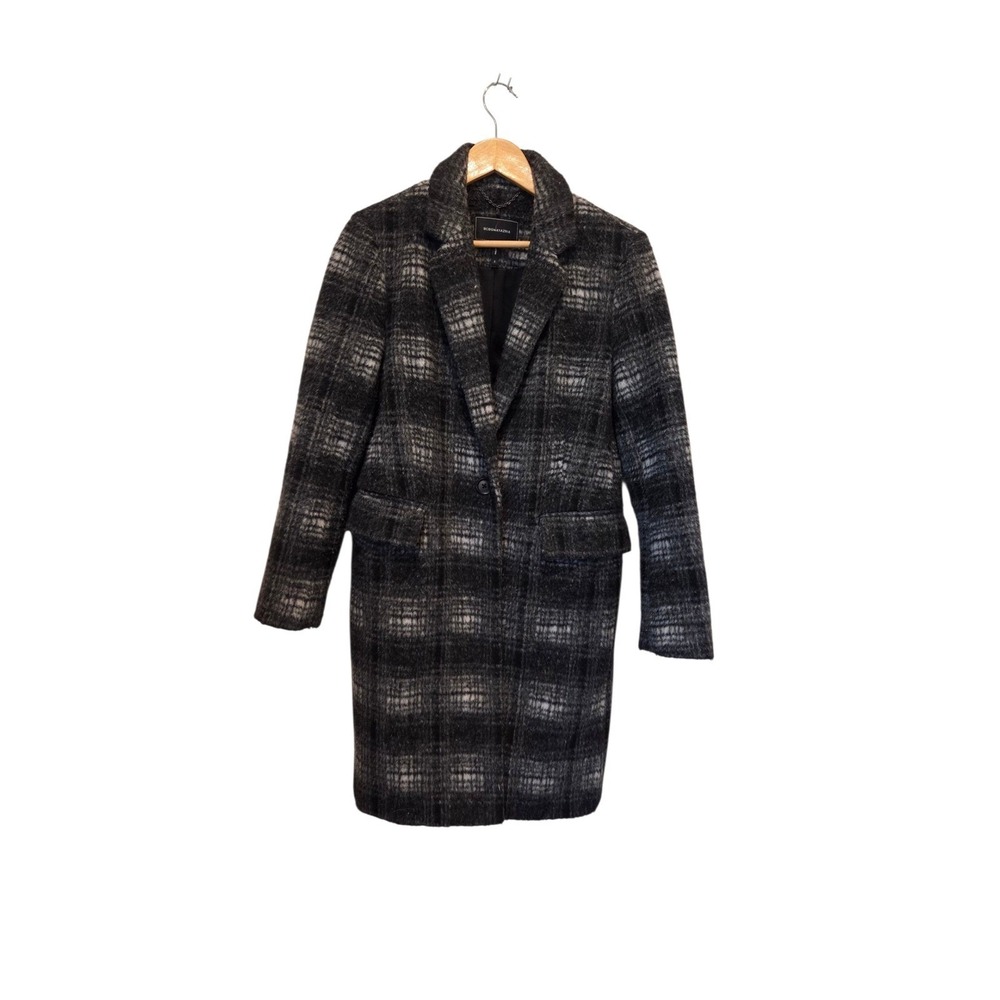 BCBGMAXAZRIA Plaid Overcoat Tailored Arcylic Blend Grey Blk Dark Academia Small